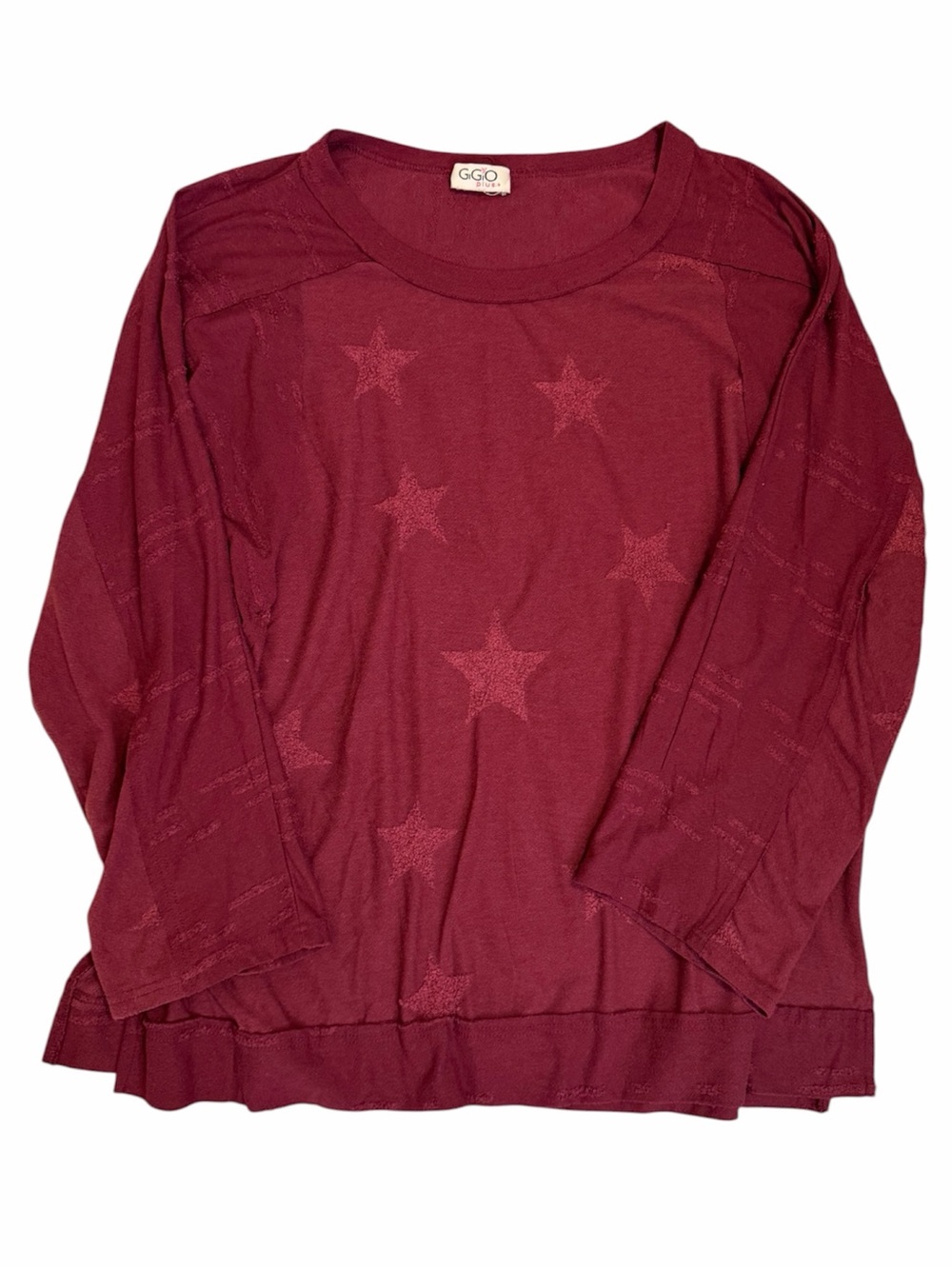 GIGIO Maroon Star Textured Slub  Long Sleeve Oversized Top